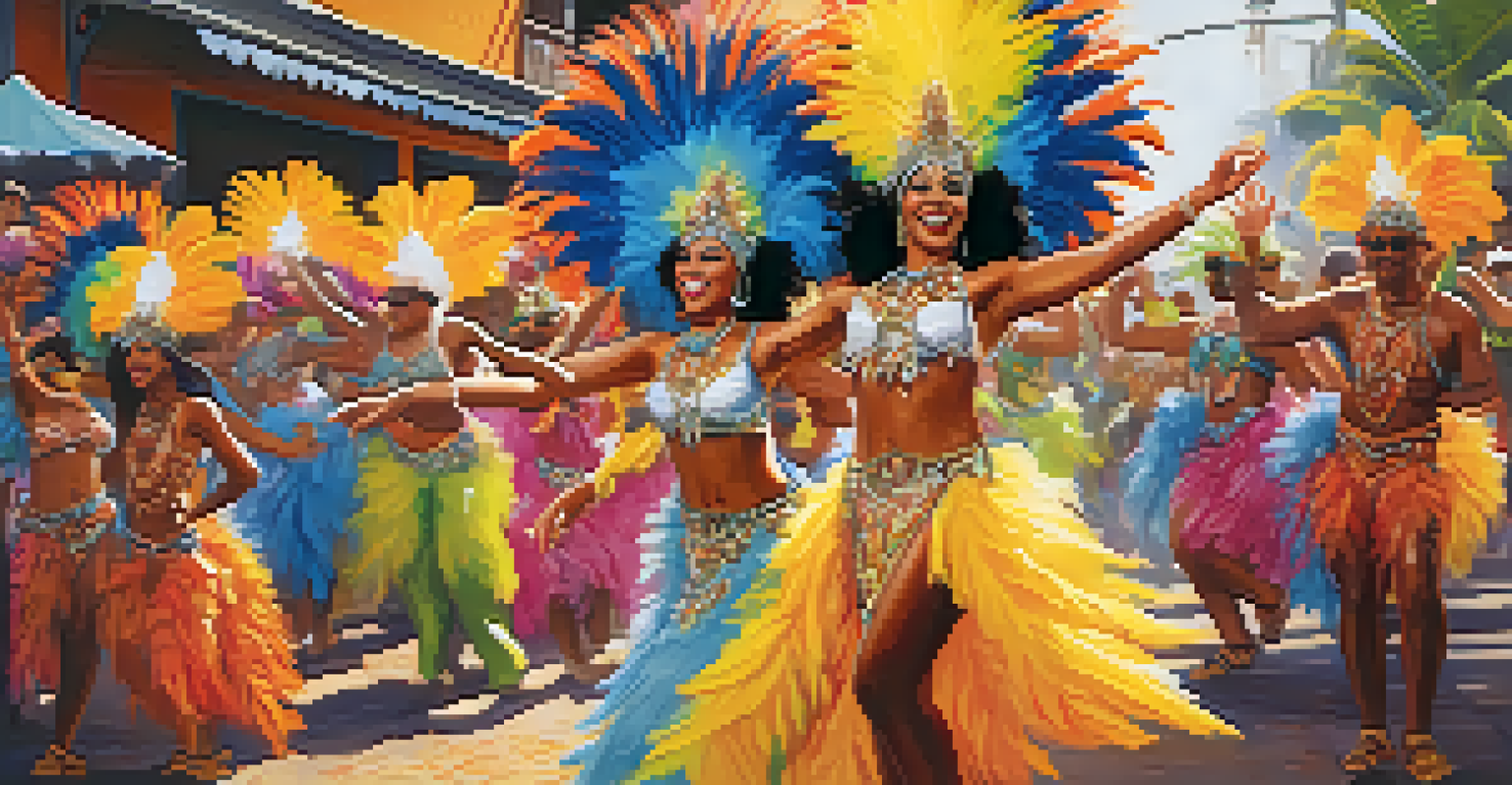 Samba dancers in colorful costumes celebrating at a Brazilian Carnival, surrounded by a festive crowd and decorations.