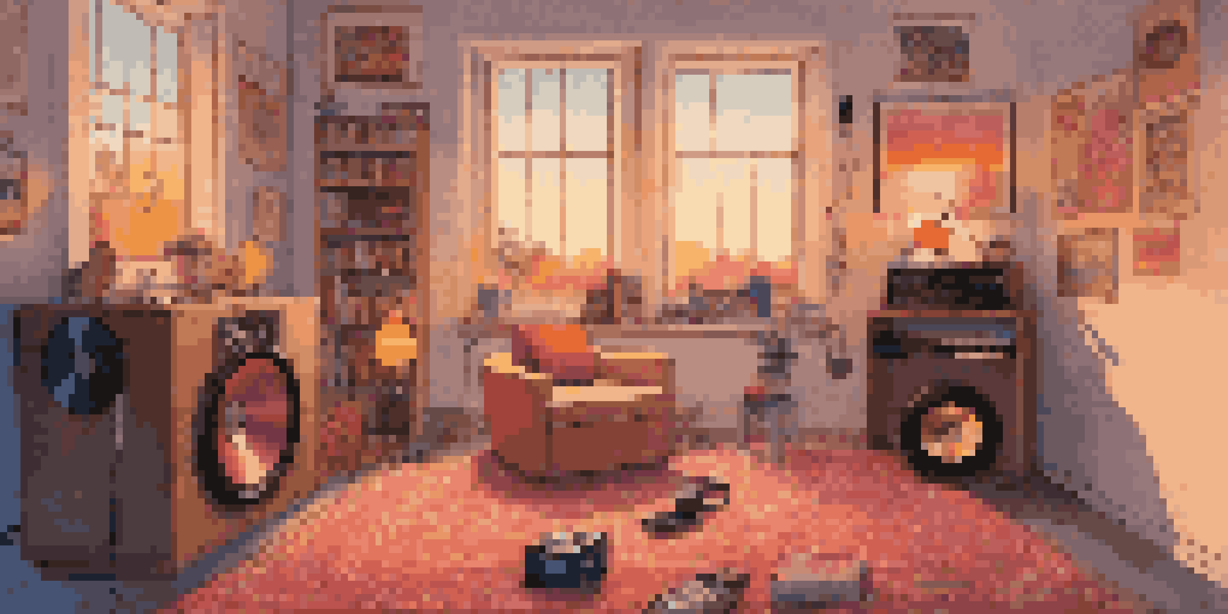 A young person sitting on a rug with headphones, surrounded by vinyl records and music posters in a cozy room with a sunset outside.