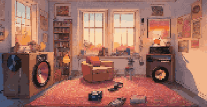 A young person sitting on a rug with headphones, surrounded by vinyl records and music posters in a cozy room with a sunset outside.