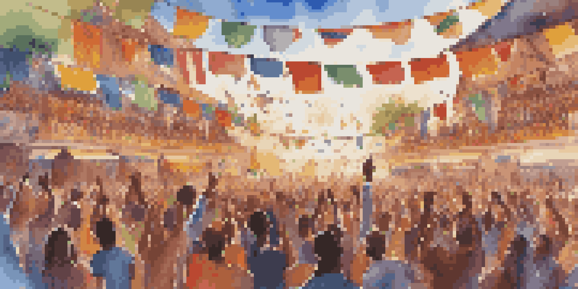 A lively music festival featuring diverse musicians and an enthusiastic audience, surrounded by colorful cultural flags.