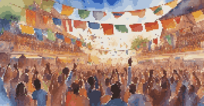 A lively music festival featuring diverse musicians and an enthusiastic audience, surrounded by colorful cultural flags.