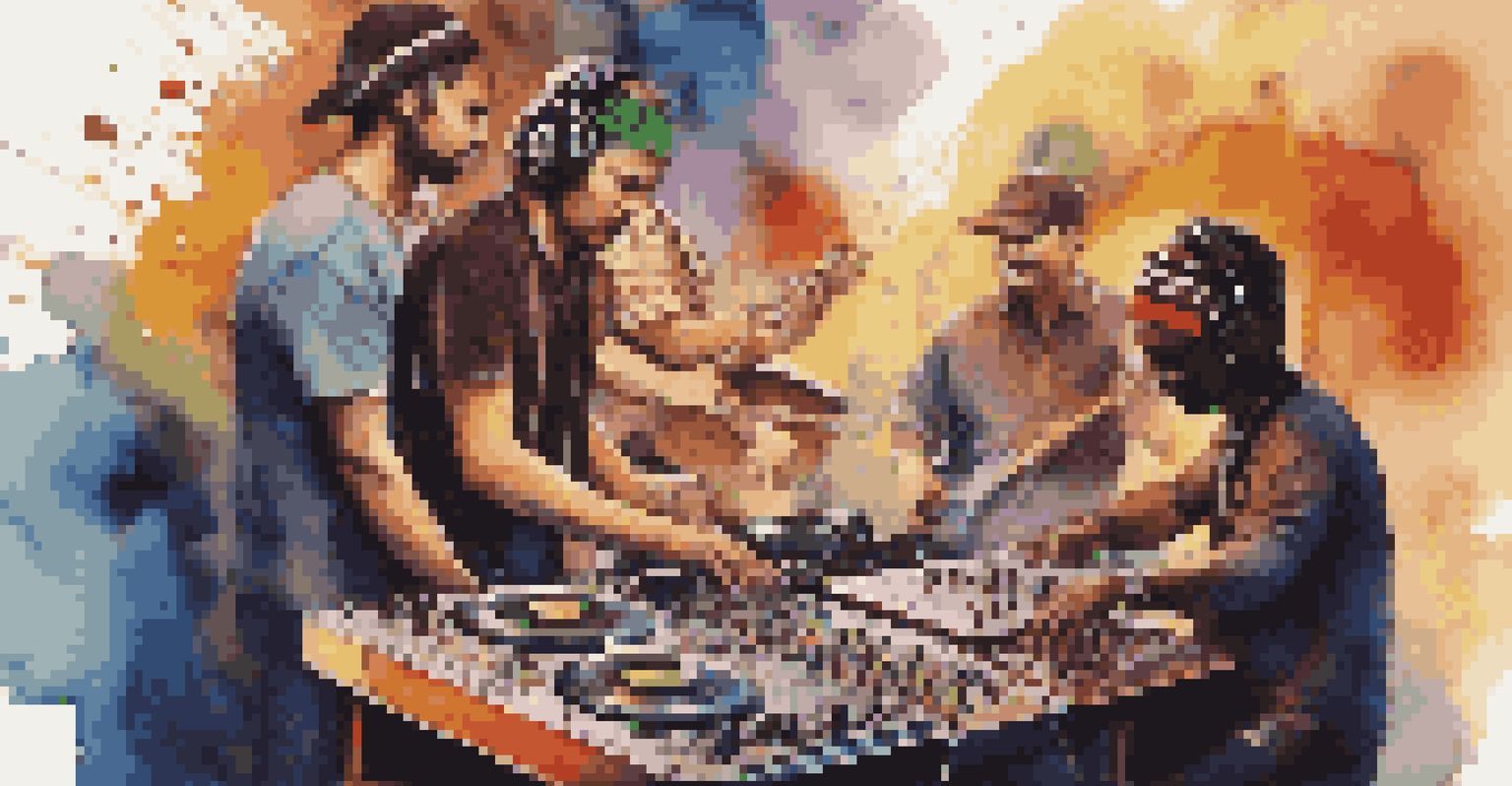 A DJ collaborating with traditional musicians, surrounded by vibrant cultural patterns and warm lighting.