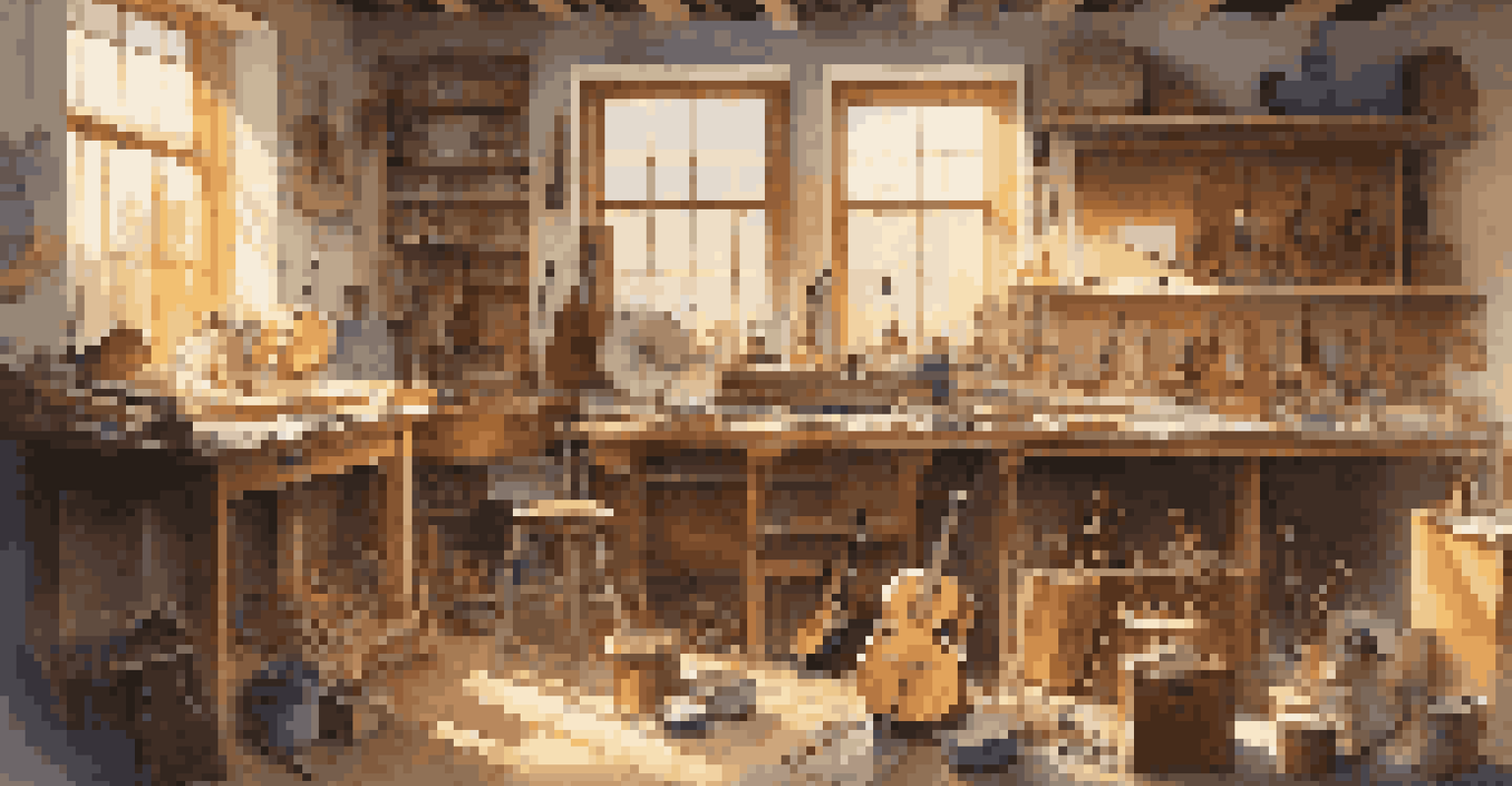An artist's workshop with musical instruments in creation, featuring a workbench with tools and wood shavings, illuminated by sunlight streaming through a window.
