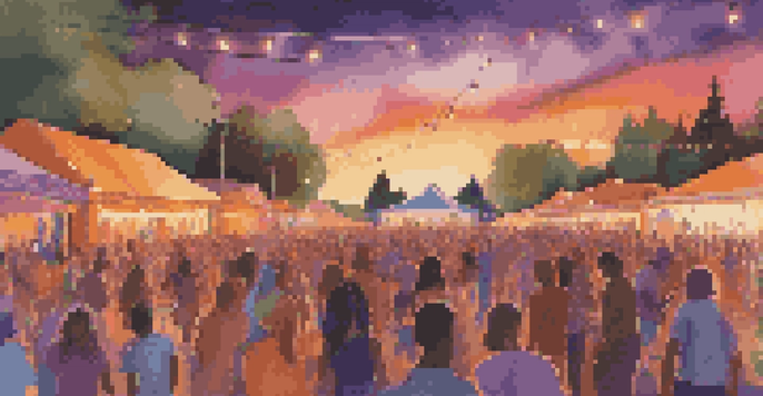 A lively outdoor music festival at sunset with people dancing and colorful lights.