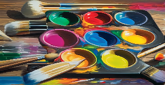 A colorful artist's palette on a wooden table with musical notes in the background, symbolizing creativity.