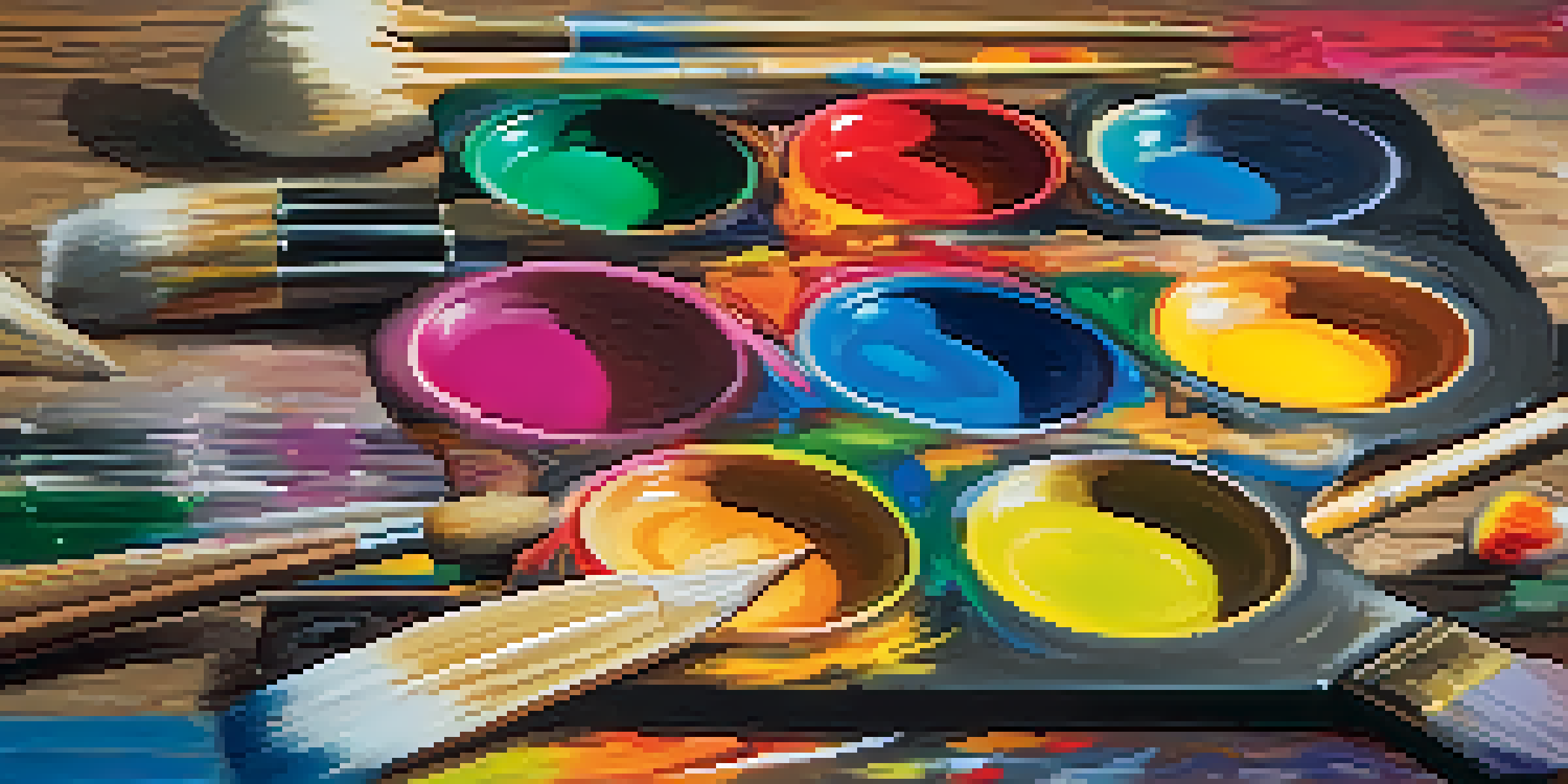 A colorful artist's palette on a wooden table with musical notes in the background, symbolizing creativity.