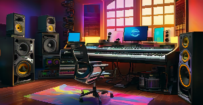 A digital audio workstation on a computer screen in a well-lit studio, with musical instruments in the background.