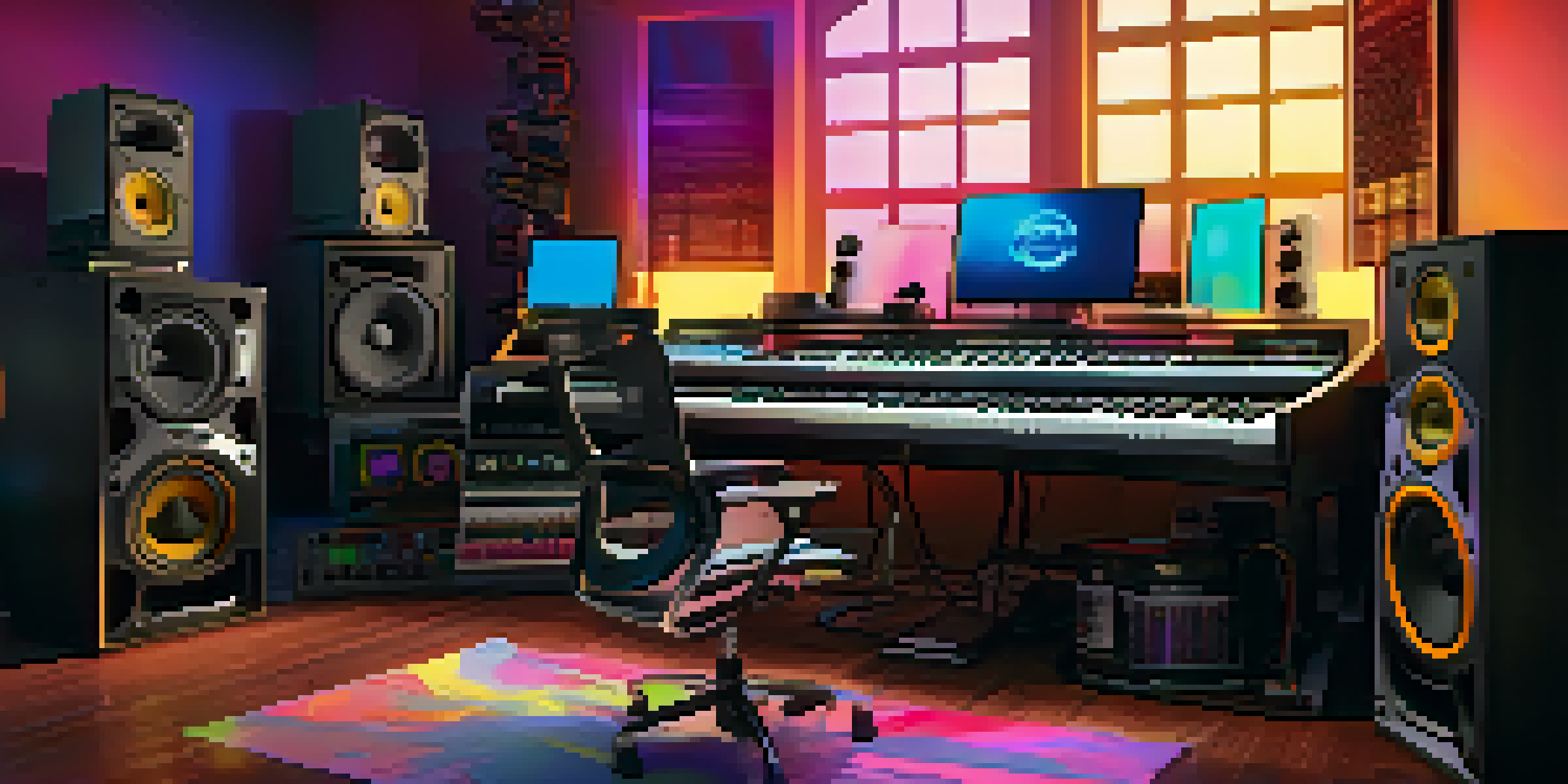 A digital audio workstation on a computer screen in a well-lit studio, with musical instruments in the background.