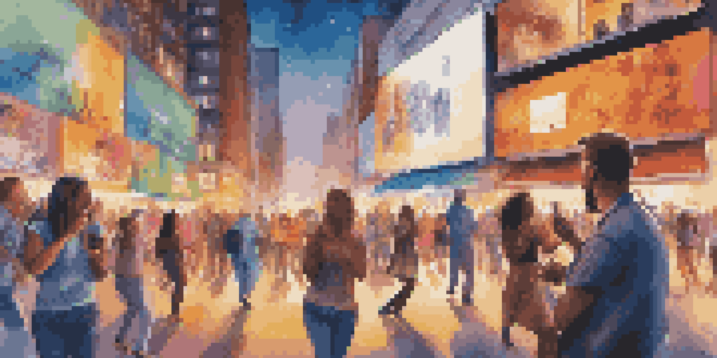 A lively city street with a digital billboard displaying music-related visuals, featuring diverse individuals engaging with the scene.