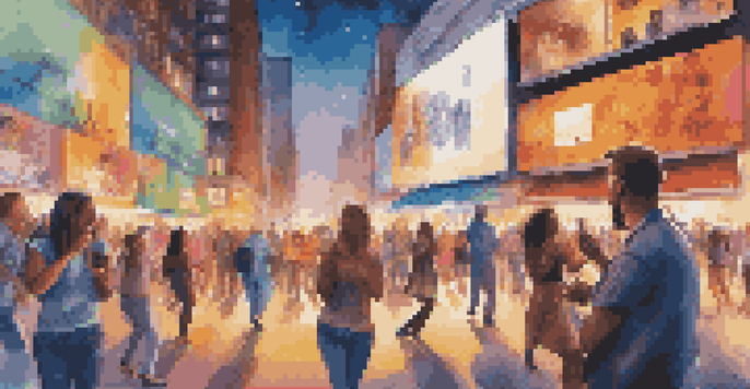 A lively city street with a digital billboard displaying music-related visuals, featuring diverse individuals engaging with the scene.