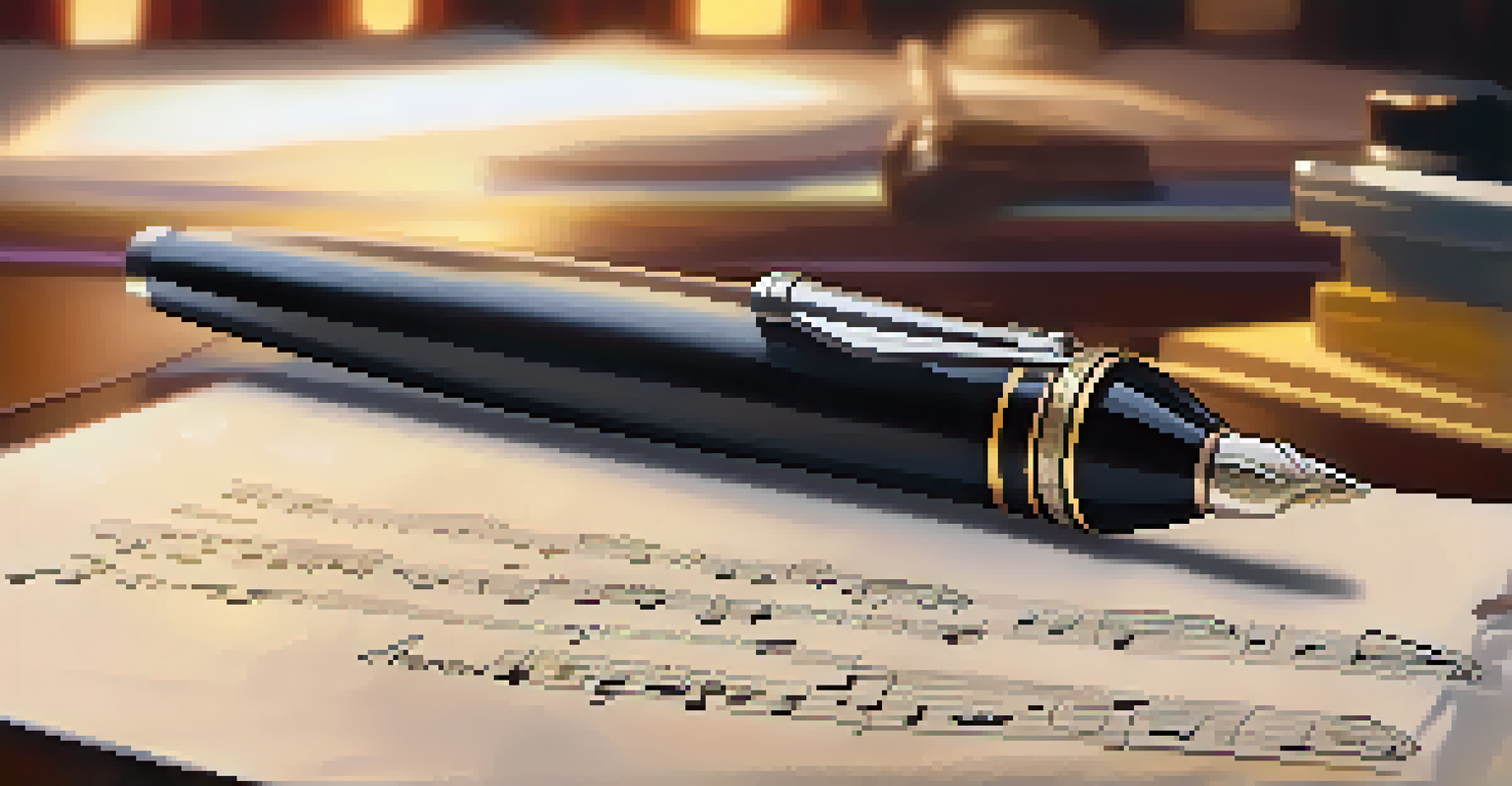 A music licensing agreement document with a fountain pen, set against a blurred background of a recording studio.