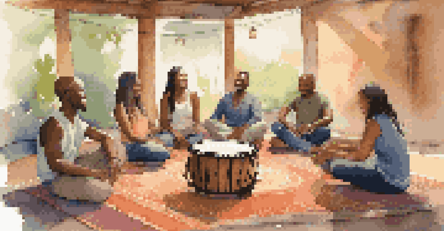 A group of people in a drumming circle, playing hand drums and smiling, in a warmly lit environment.
