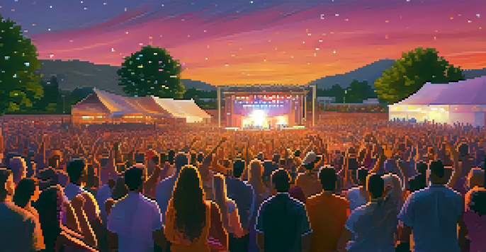A lively outdoor concert at sunset with a diverse crowd enjoying the music and colorful stage lights.
