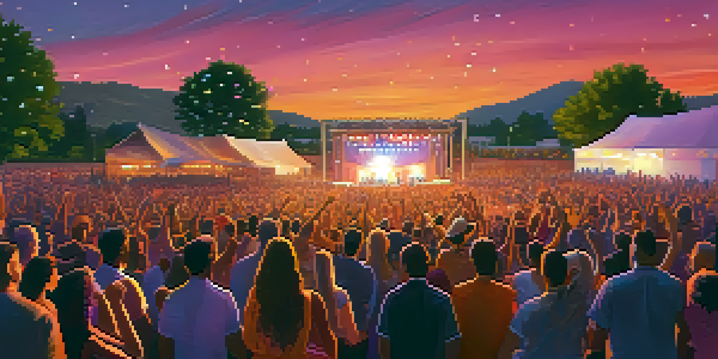 A lively outdoor concert at sunset with a diverse crowd enjoying the music and colorful stage lights.