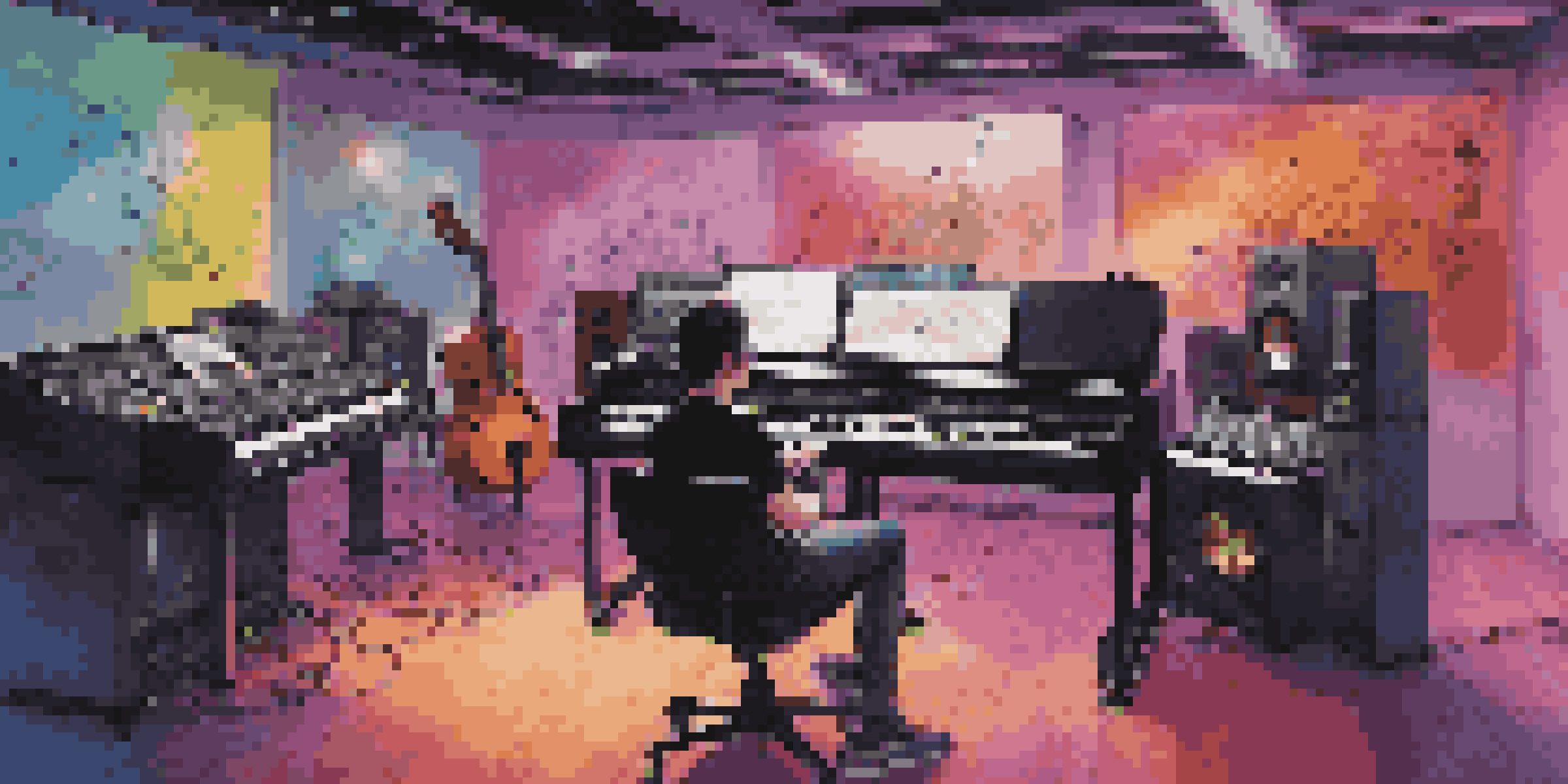 A musician in a modern studio, engaging with AI technology to create music, surrounded by instruments and colorful lights.