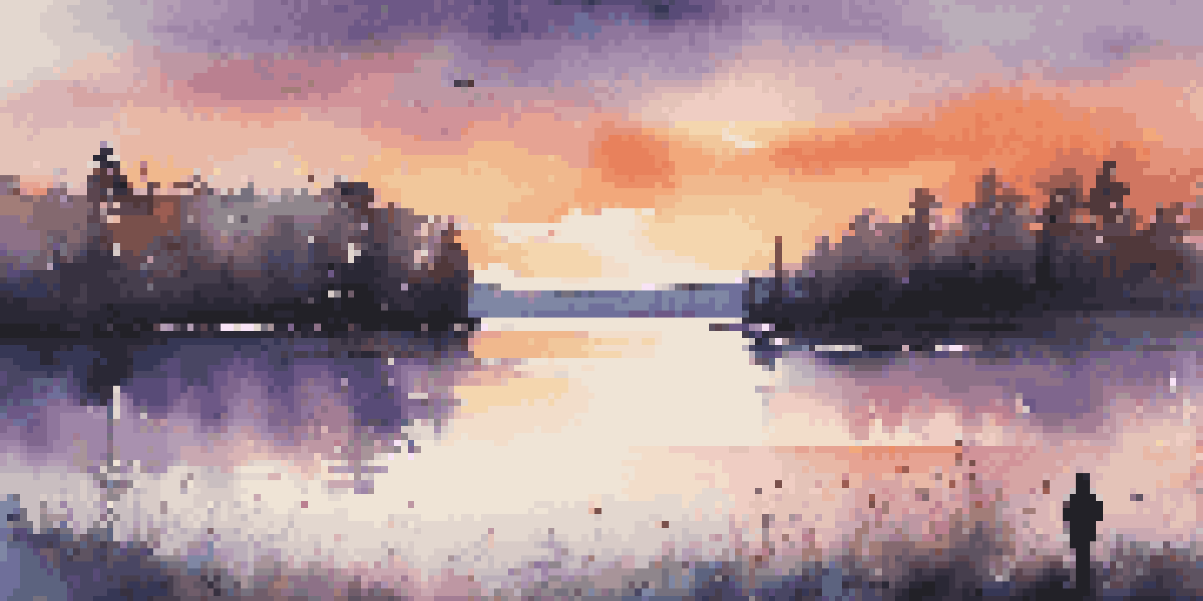 A peaceful sunset landscape with a calm lake and a person sitting by the water, wearing headphones and surrounded by flowers.