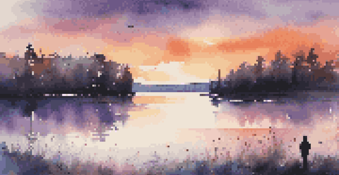 A peaceful sunset landscape with a calm lake and a person sitting by the water, wearing headphones and surrounded by flowers.