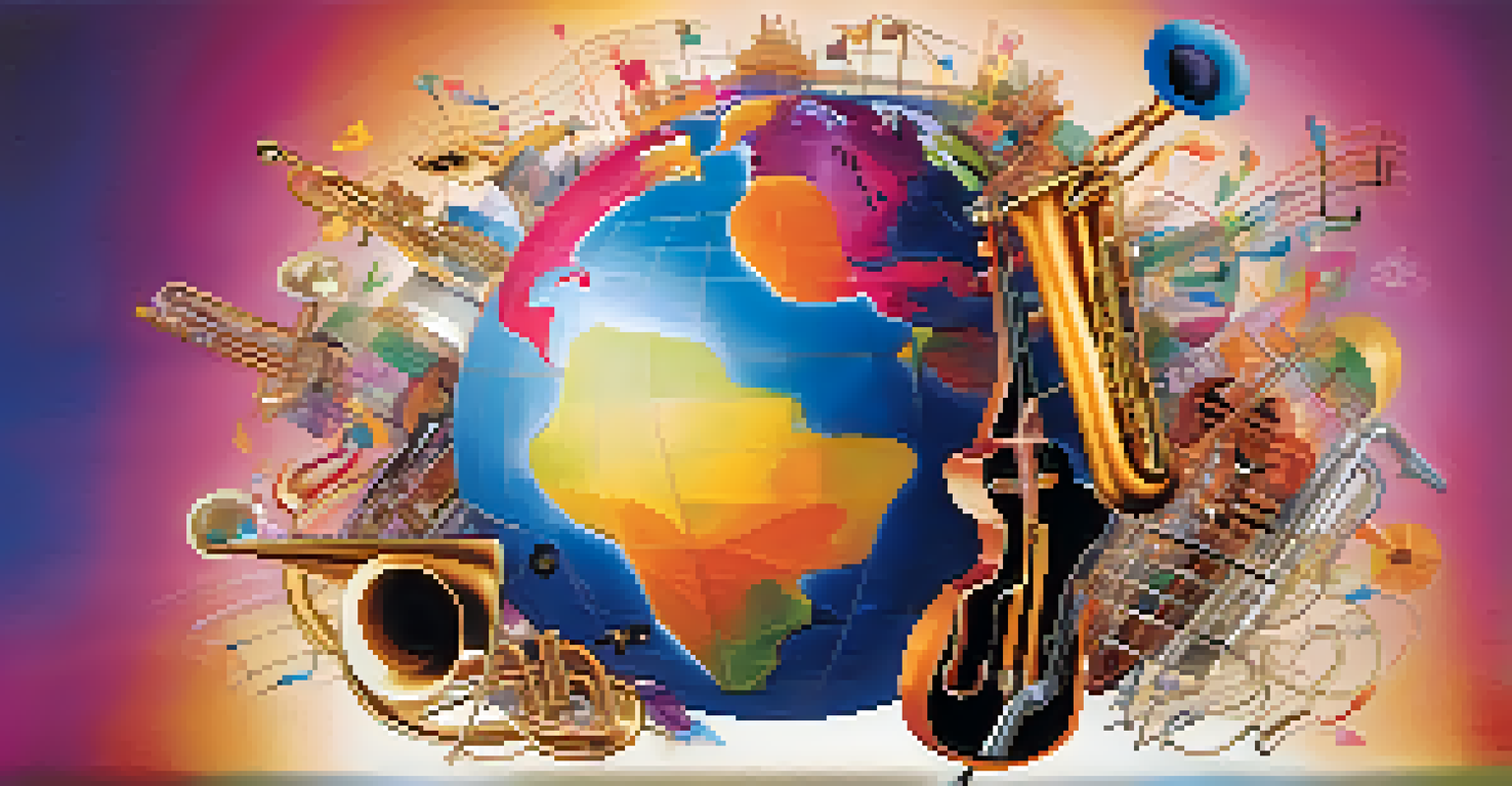 An abstract globe made of musical notes and instruments, representing global cultural exchange through music.