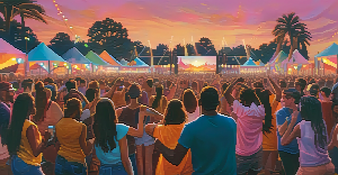 An outdoor music festival at sunset with a diverse crowd dancing and enjoying live music, surrounded by colorful lights and a vibrant sky.