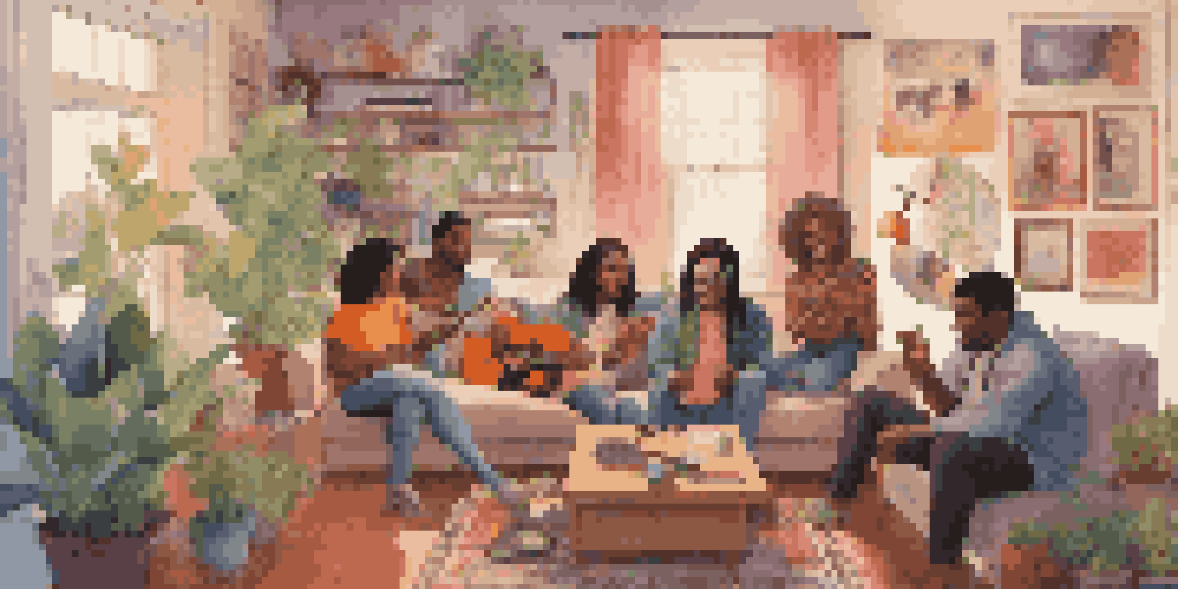 A cozy living room with diverse music lovers sharing headphones and discussing music, surrounded by colorful posters and plants.