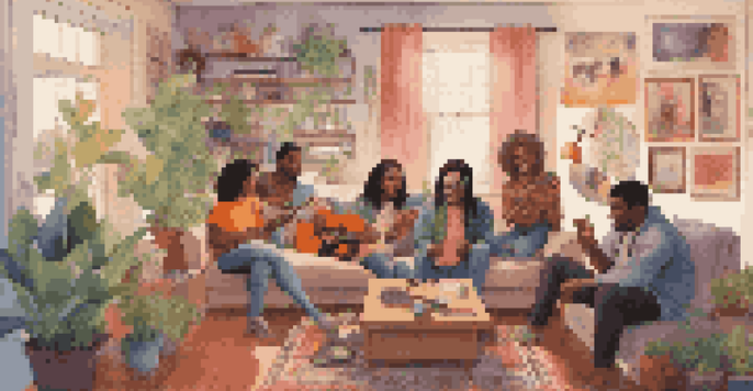 A cozy living room with diverse music lovers sharing headphones and discussing music, surrounded by colorful posters and plants.