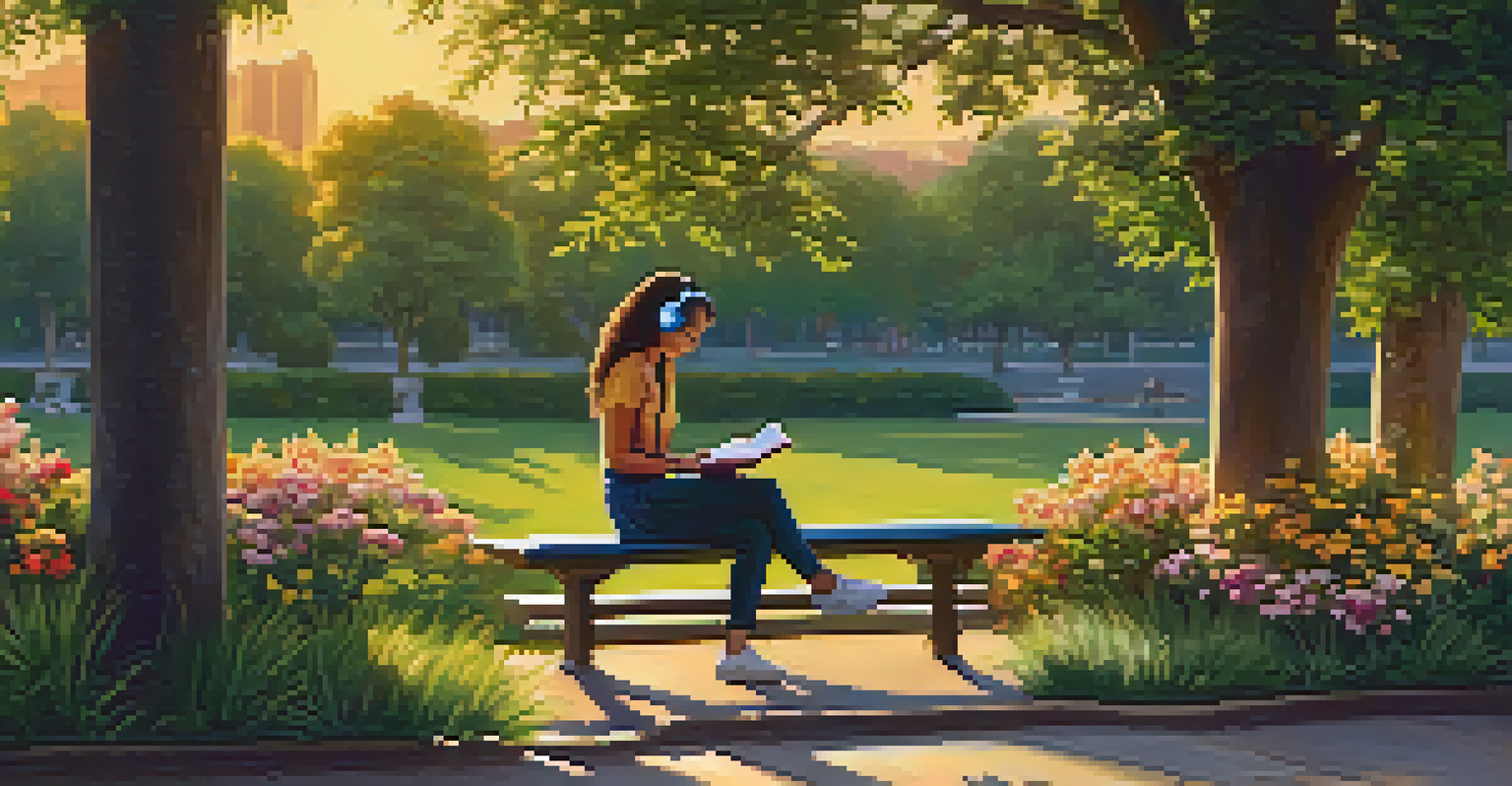 A person sitting on a bench in a park with headphones on, reading a book, surrounded by blooming flowers and greenery at sunset.
