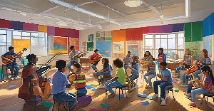 A lively music classroom with students of different backgrounds participating in hands-on music activities, surrounded by bright colors and instruments.