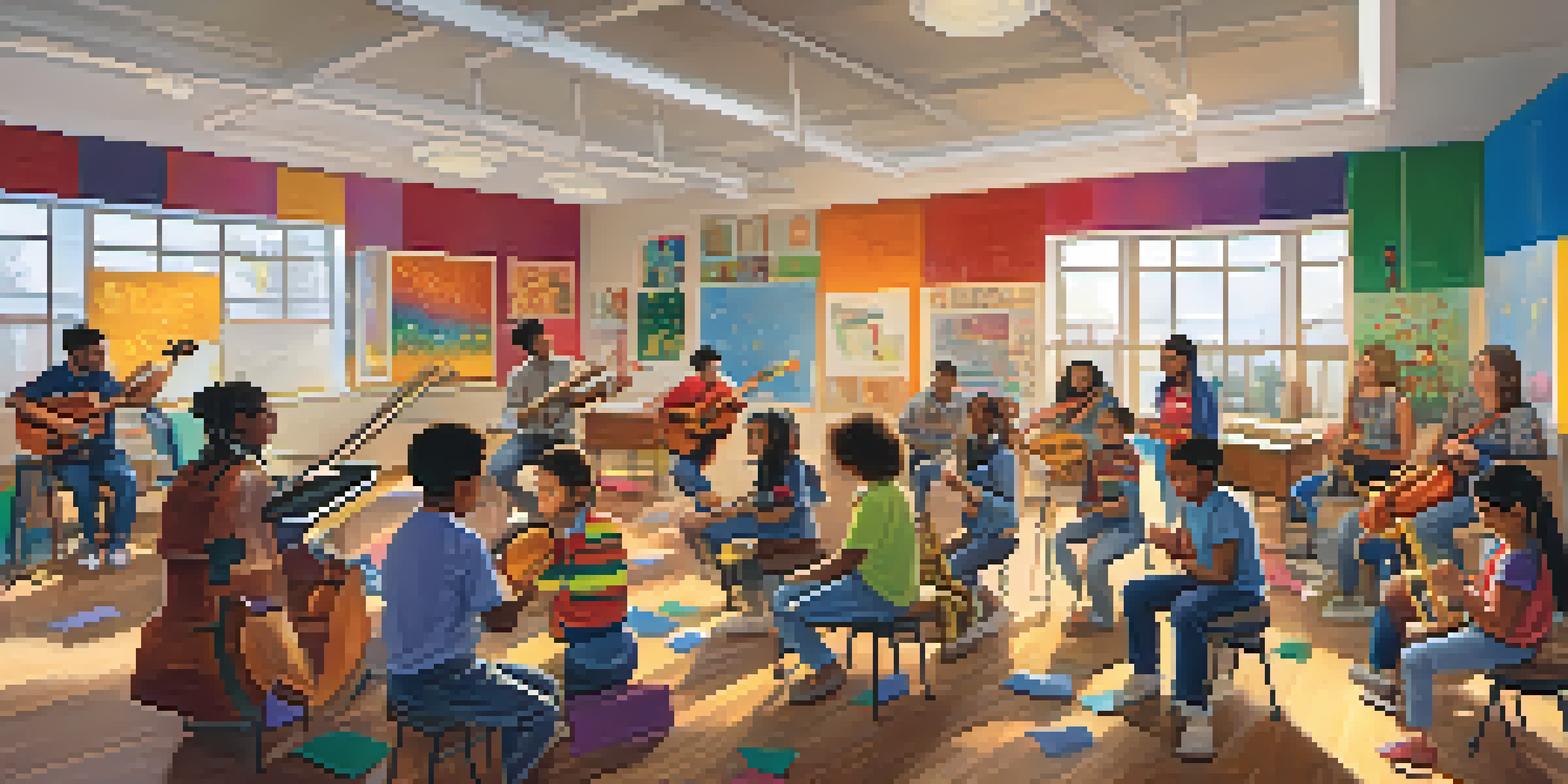 A lively music classroom with students of different backgrounds participating in hands-on music activities, surrounded by bright colors and instruments.