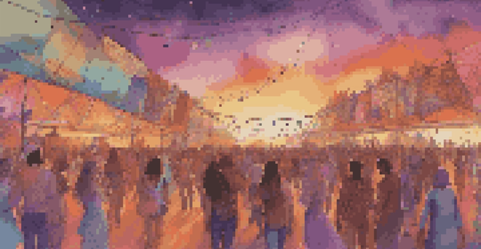 A lively music festival at sunset, featuring attendees in a mix of bohemian and futuristic outfits, with colorful banners and a vibrant sky.