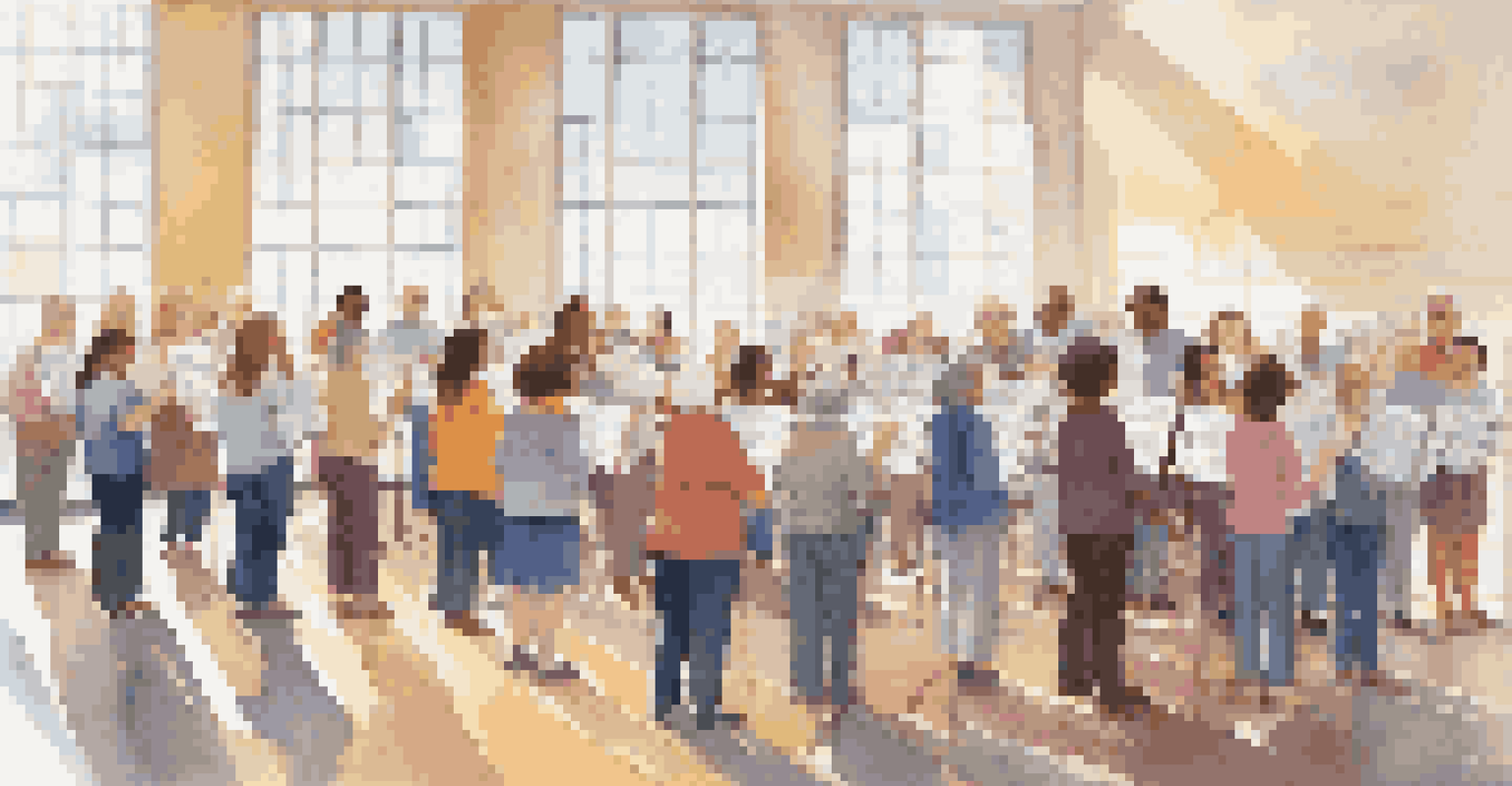 A diverse group of individuals singing together in a bright choir rehearsal space.