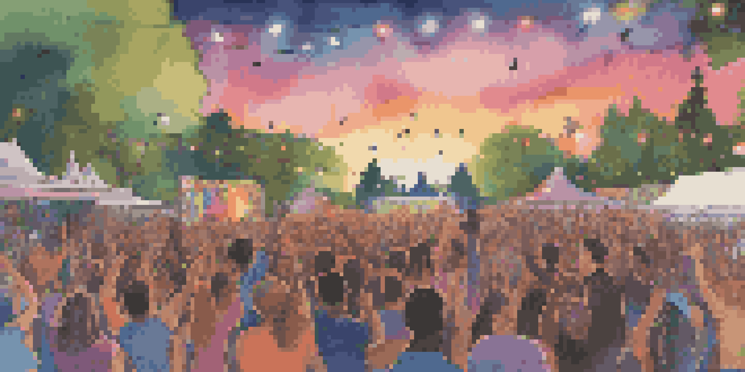 A lively music festival at sunset with a diverse crowd, colorful stage lights, and a band performing, creating a joyful and communal atmosphere.