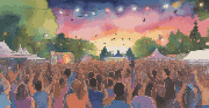 A lively music festival at sunset with a diverse crowd, colorful stage lights, and a band performing, creating a joyful and communal atmosphere.