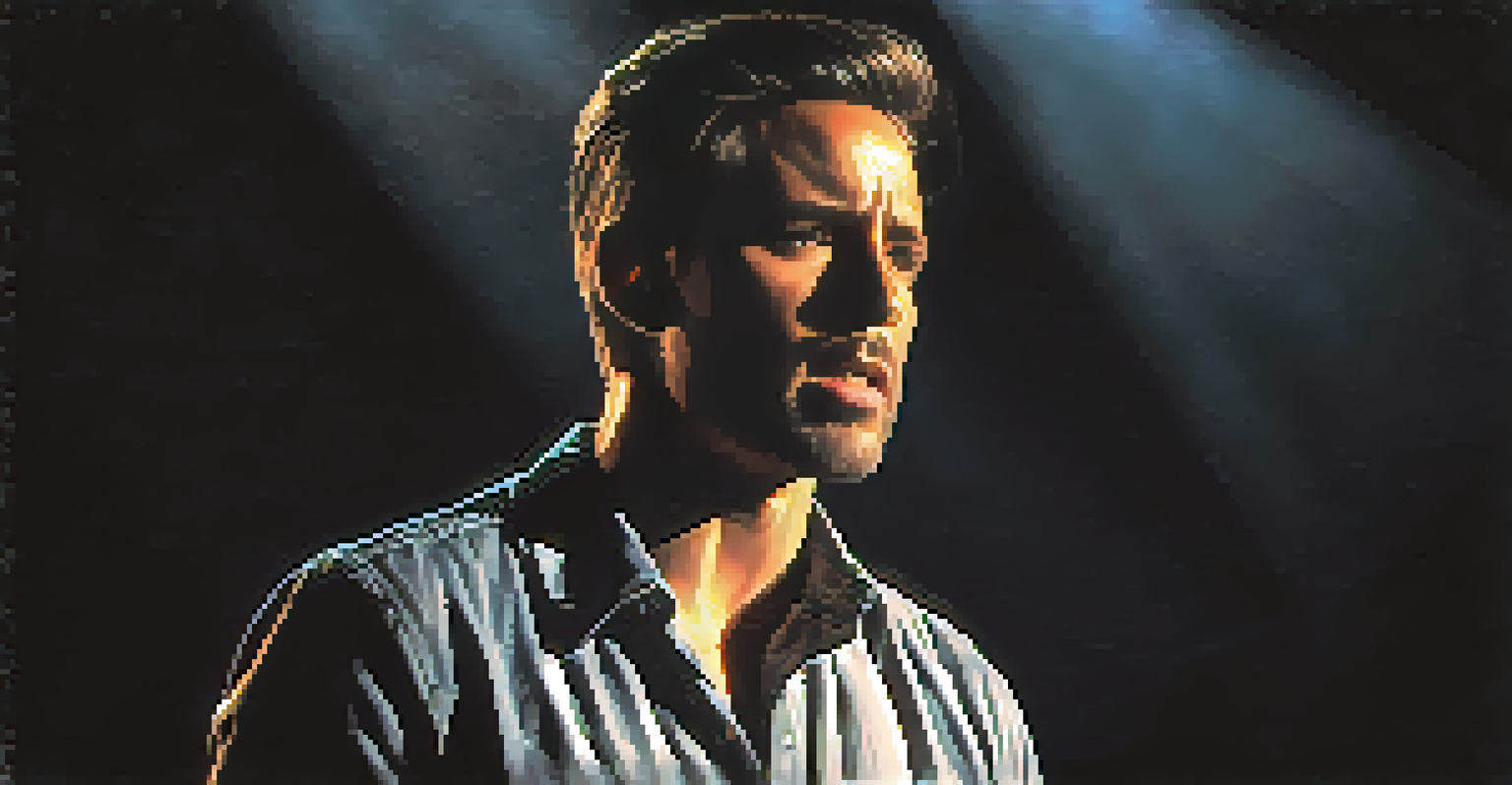An actor on stage in a spotlight, expressing deep emotion during a monologue, with a dark background that enhances the dramatic effect.