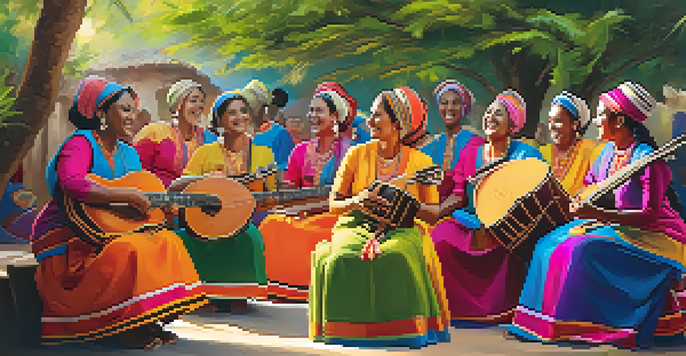 A diverse group of women in colorful traditional clothing, singing and playing musical instruments in a vibrant outdoor setting, surrounded by decorations under sunlight.