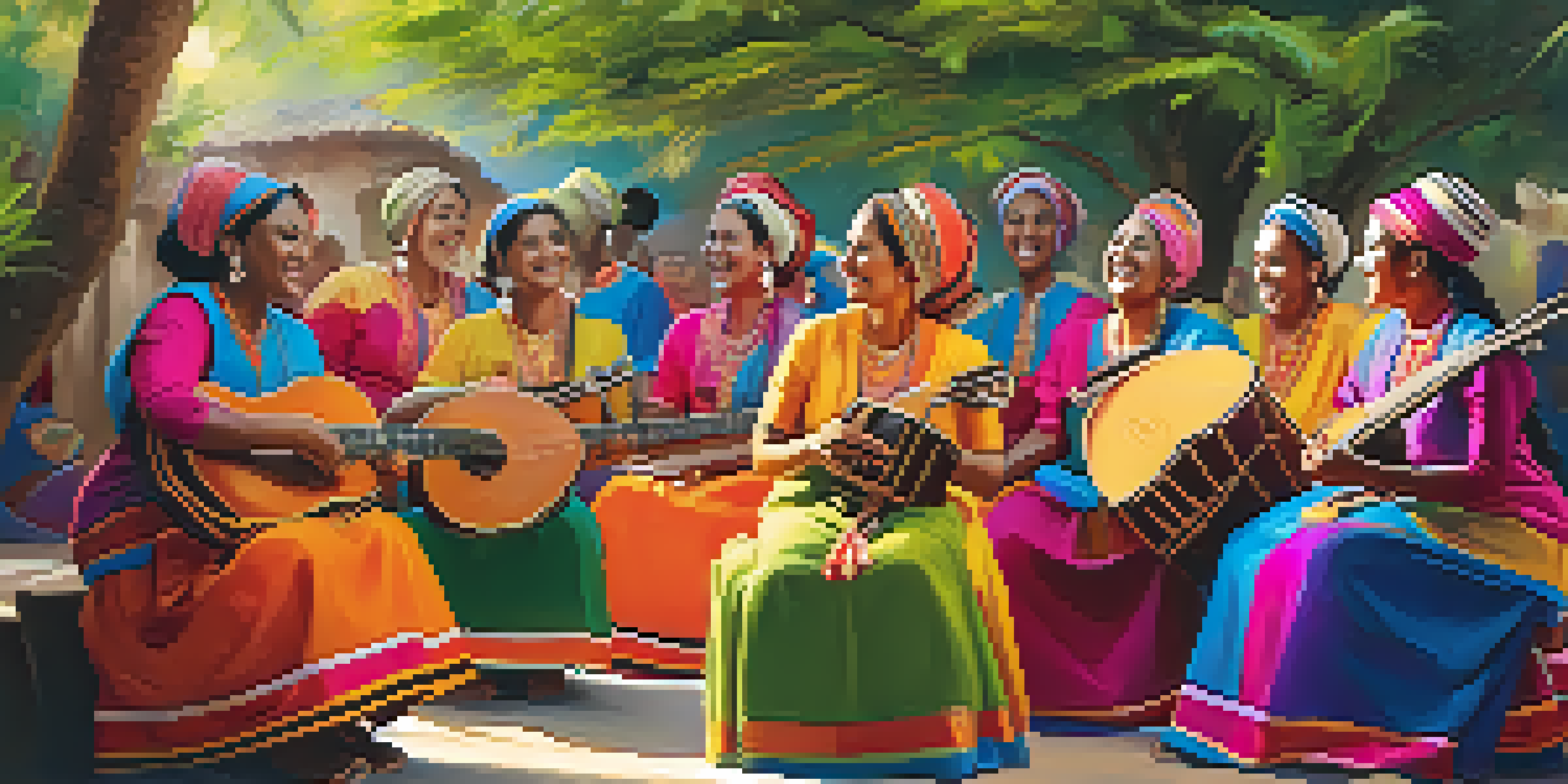 A diverse group of women in colorful traditional clothing, singing and playing musical instruments in a vibrant outdoor setting, surrounded by decorations under sunlight.