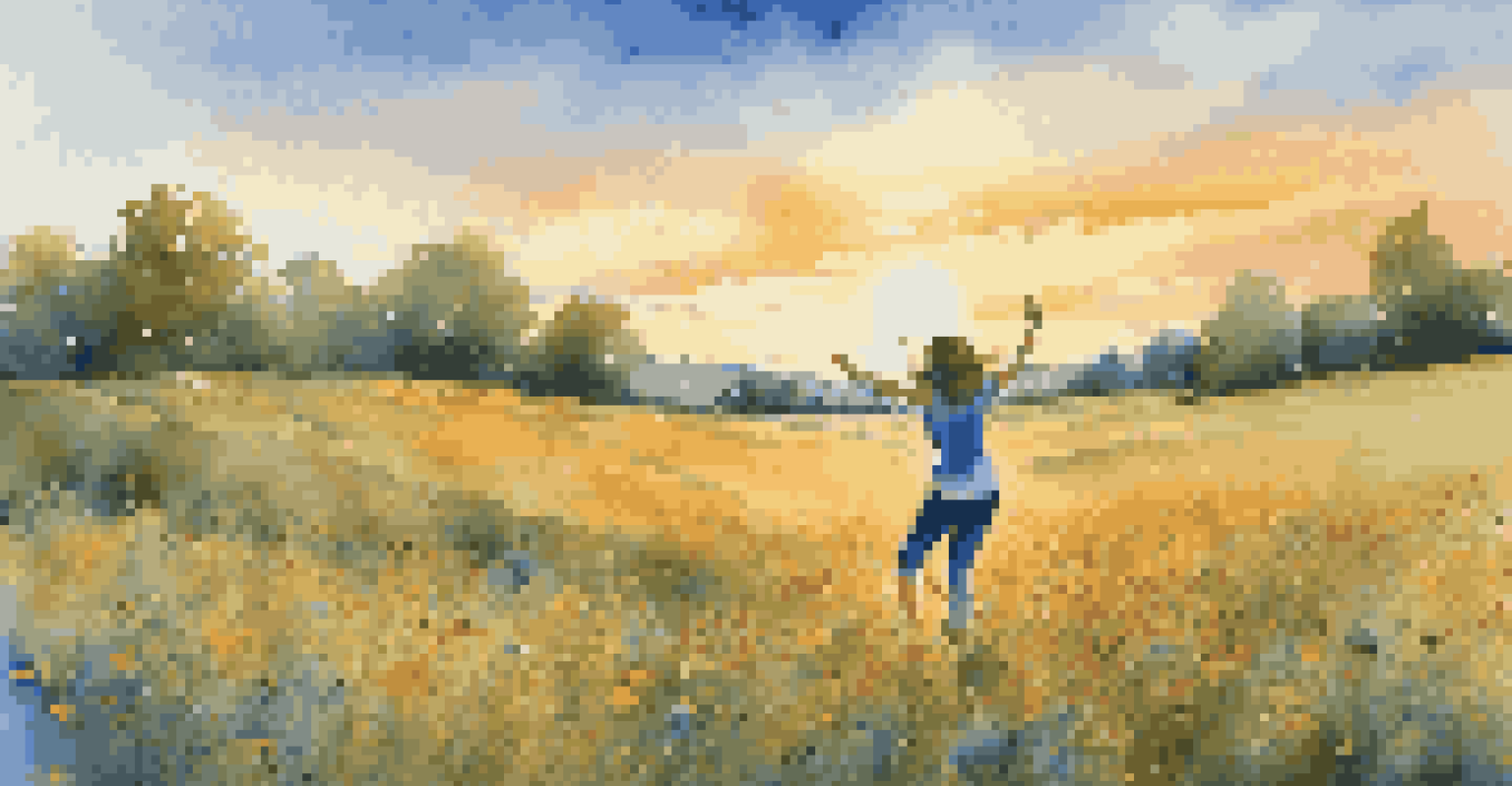 A person dancing in a flower-filled field with headphones, surrounded by a beautiful sunset sky.