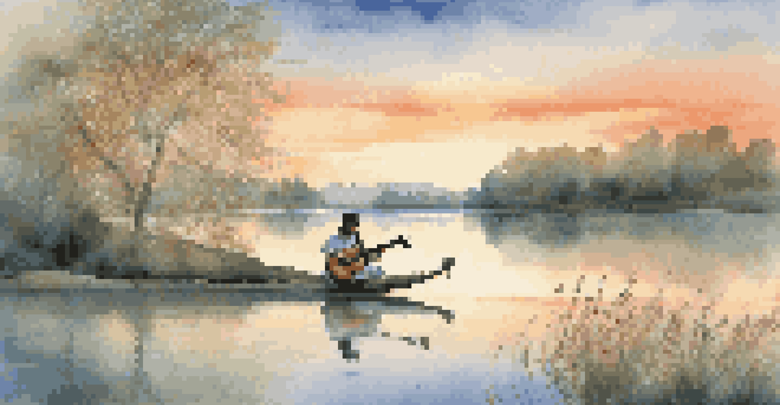 A musician playing the sitar by a peaceful lake at sunset, surrounded by flowers and gentle water ripples.