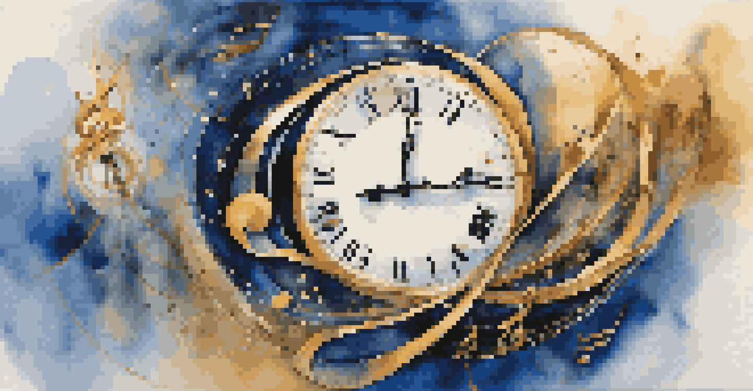 An abstract image of a swirling clock made of musical notes against a deep blue and gold background, symbolizing the relationship between music and time.