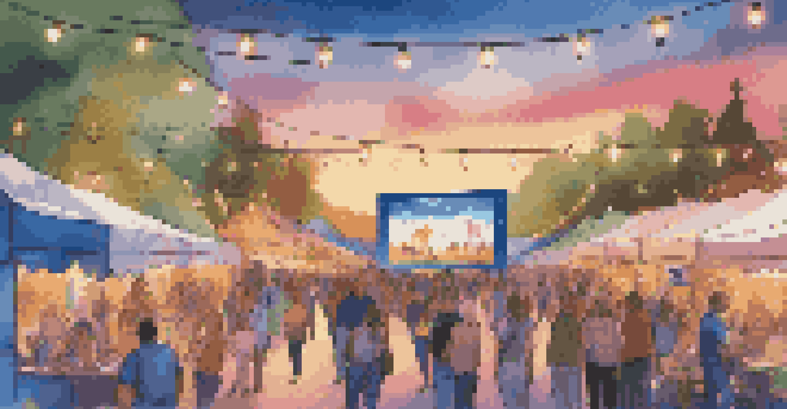 An outdoor virtual event scene with people, booths, digital screens, colorful banners, and string lights under a bright blue sky during sunset.