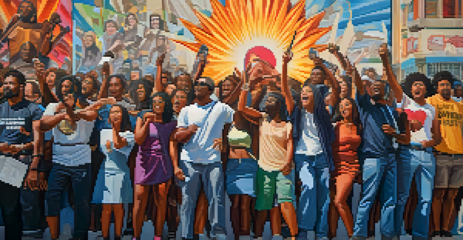 A diverse group of people standing united in front of a mural, singing together with vibrant colors and dramatic lighting, symbolizing solidarity and protest.