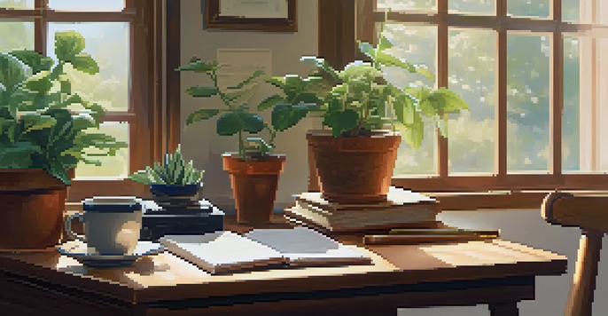 A cozy study area with a wooden desk, an open notebook, a cup of tea, and a potted plant, illuminated by soft sunlight and adorned with musical notes.