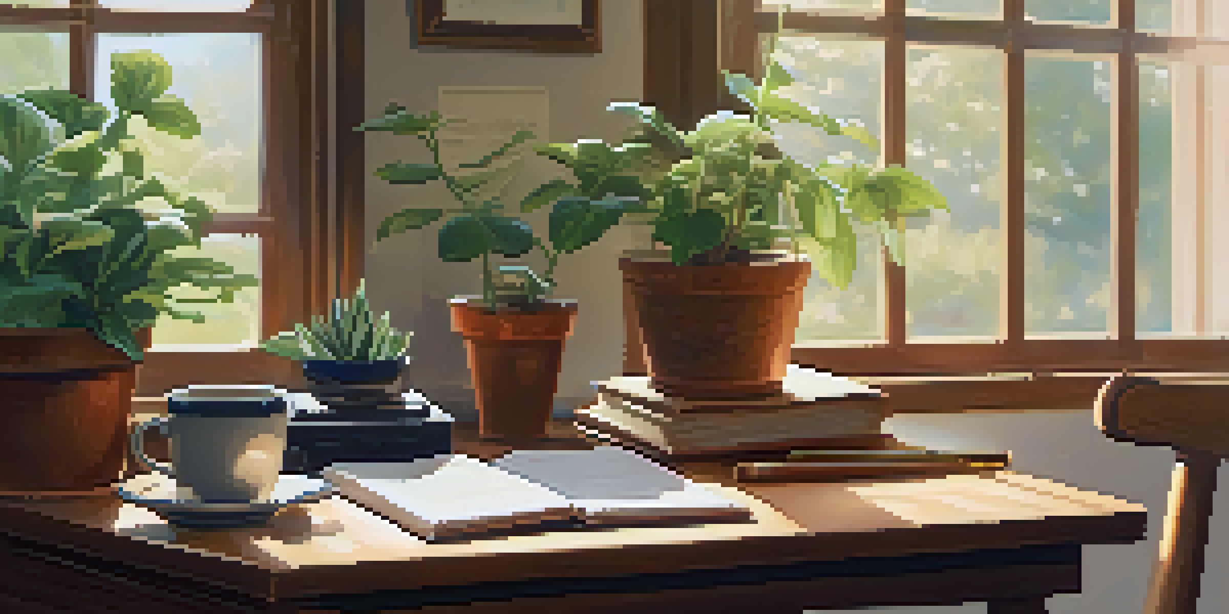 A cozy study area with a wooden desk, an open notebook, a cup of tea, and a potted plant, illuminated by soft sunlight and adorned with musical notes.