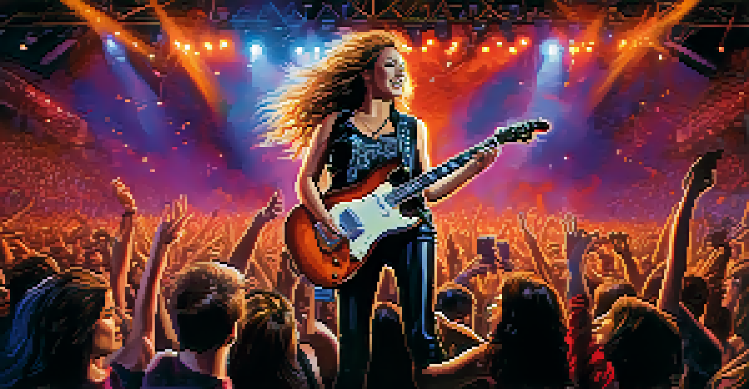 A heavy metal concert with a diverse crowd and a female guitarist performing on stage.