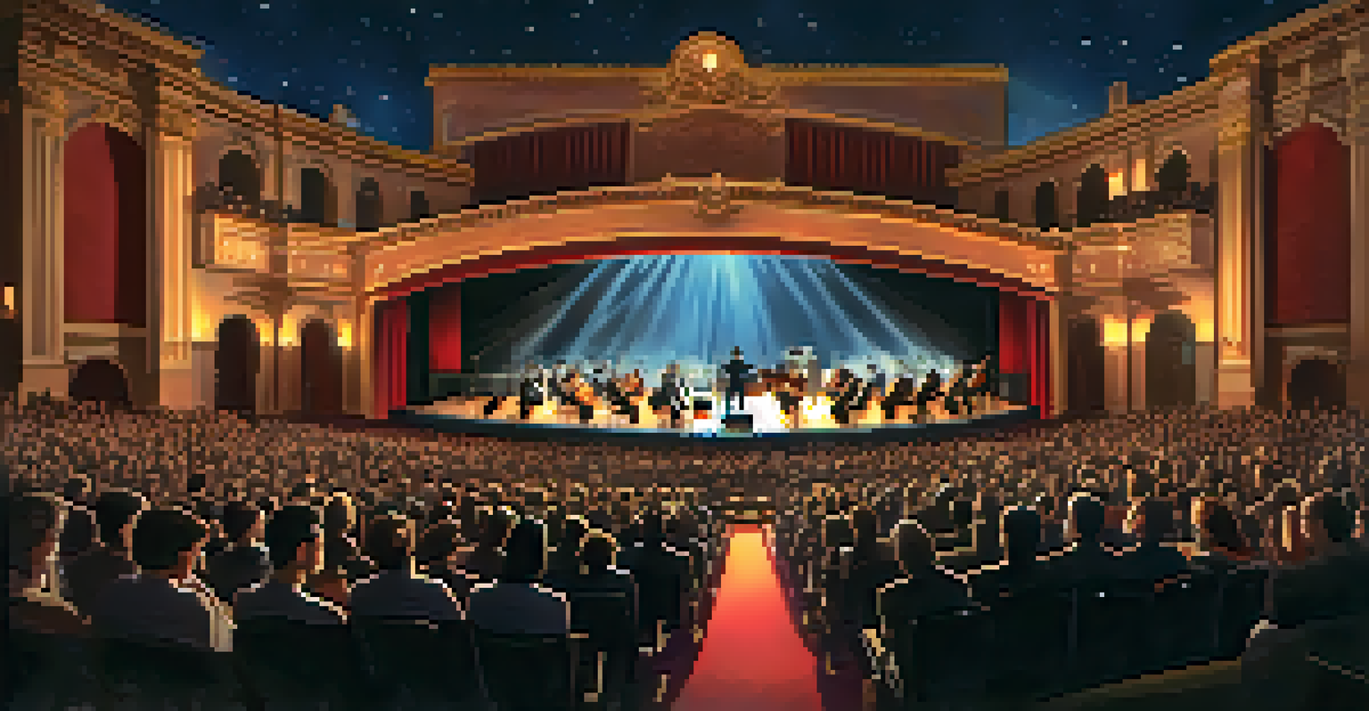 A grand theater hosting a live film scoring event, featuring an orchestra performing with a classic film projected behind them, showcasing an engaged audience.