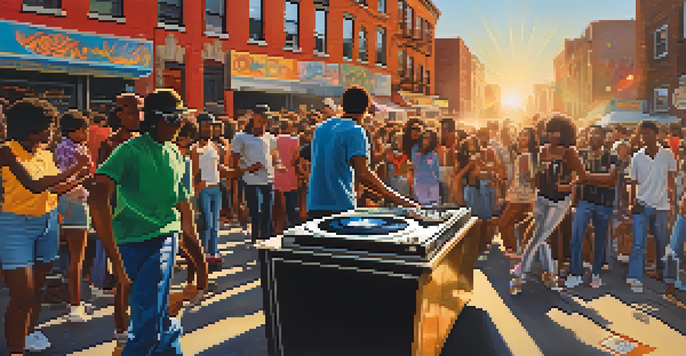 A lively street scene in the Bronx featuring a DJ with turntables, colorful graffiti, and people dancing in vintage hip-hop clothing, illuminated by warm golden hour light.
