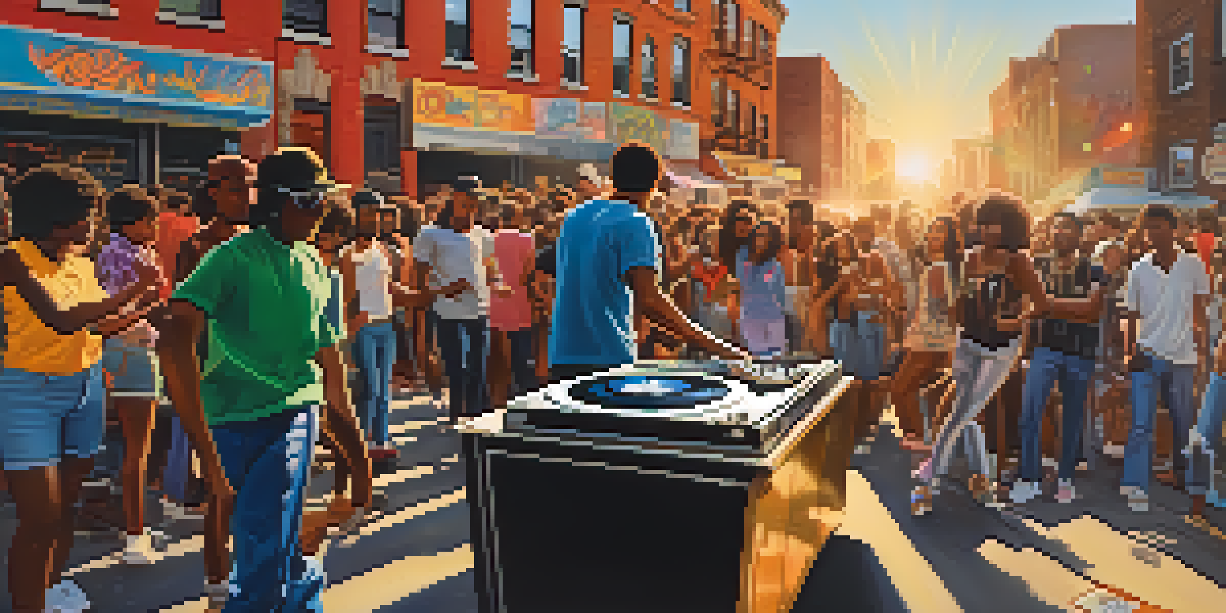 A lively street scene in the Bronx featuring a DJ with turntables, colorful graffiti, and people dancing in vintage hip-hop clothing, illuminated by warm golden hour light.