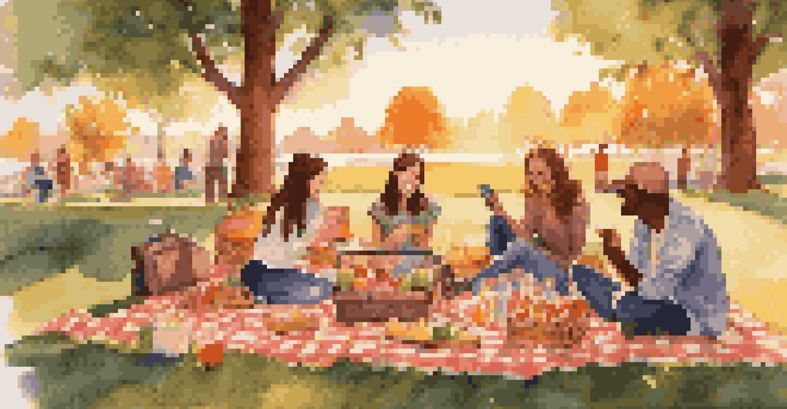 An outdoor picnic scene in a park, featuring a checkered blanket with snacks and drinks, a portable speaker playing music, and friends laughing under the warm glow of the setting sun.