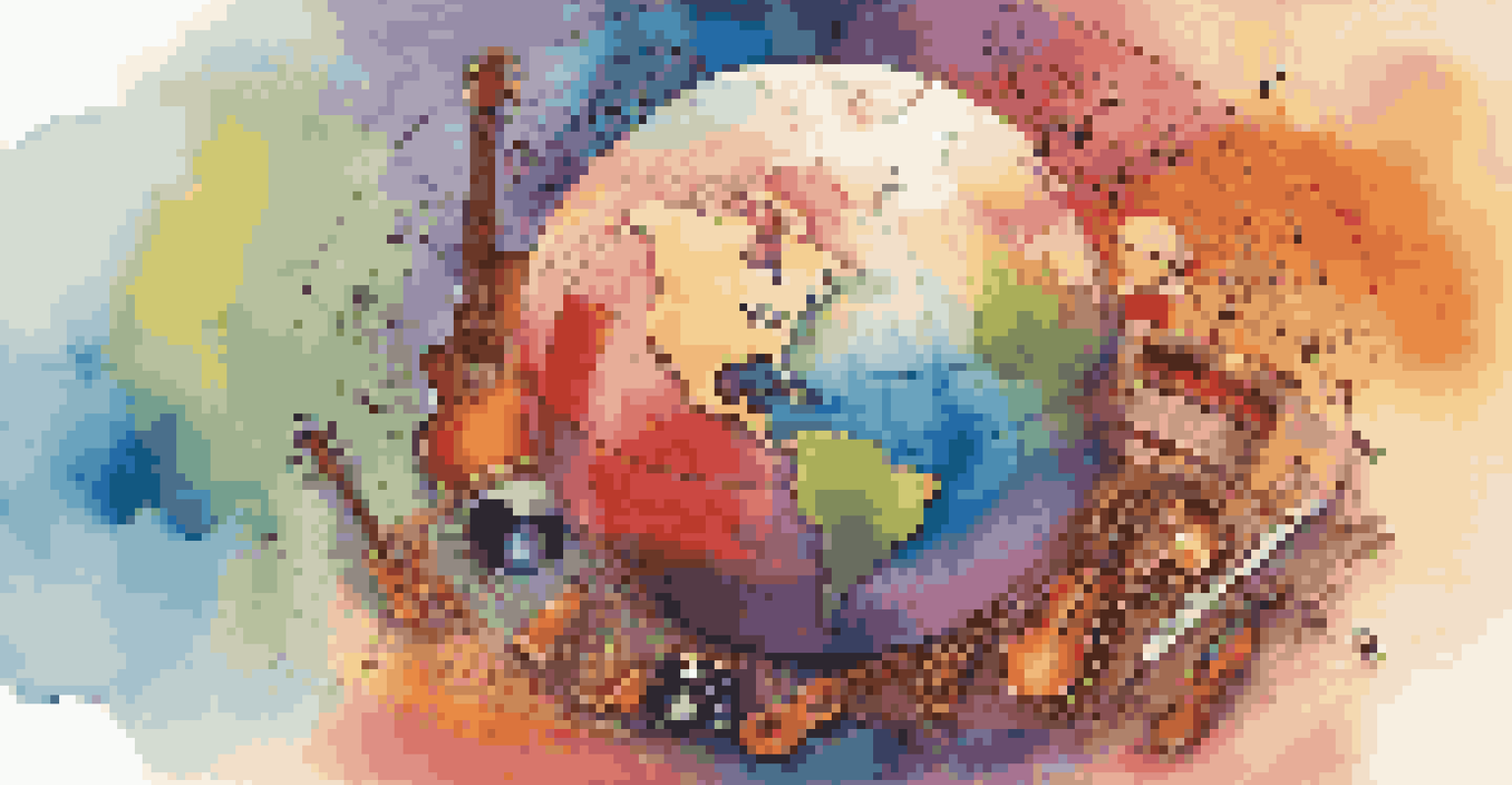 An abstract representation of global music collaboration with a globe and musical elements.