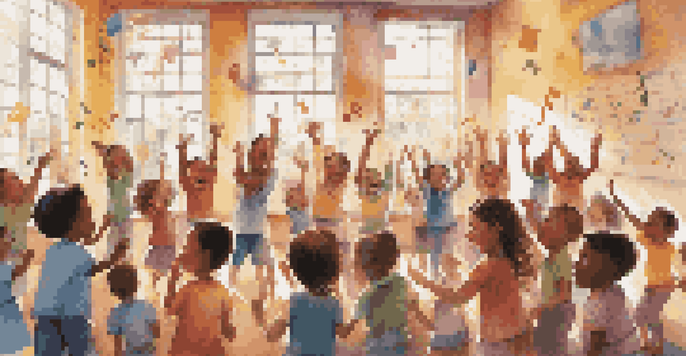 A lively classroom with children singing and colorful musical notes in the air, illuminated by sunlight.