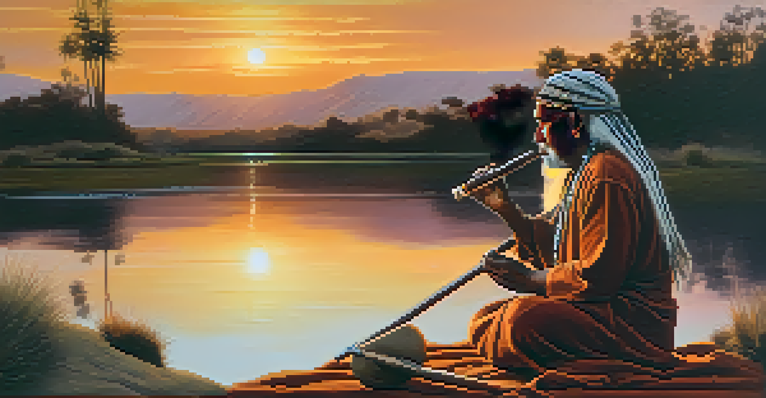An Indigenous healer playing a didgeridoo at sunset, surrounded by nature, symbolizing spiritual healing.